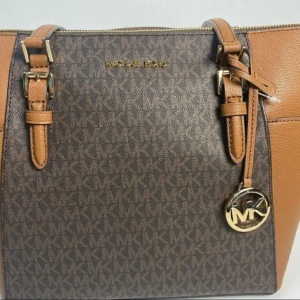 Michael Kors Charlotte Large Logo Top-Zip Tote Carryall Bag in Brown - Picture 7 of 14